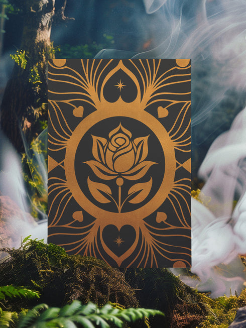 Luxury ritual card featuring golden Art Nouveau rose design on deep emerald background with heart motifs. Inside contains self-love and romance rituals. Perfect for Valentine's Day or personal spiritual practice.